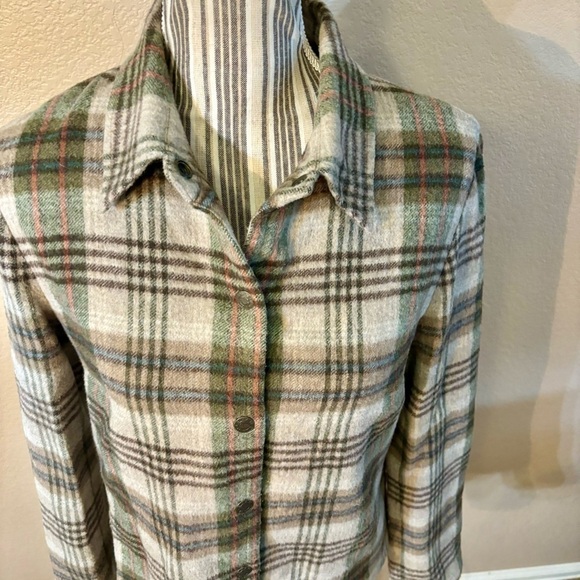 Vintage Evan Picone Top Sz 6 Wool Blend Snap-Up Plaid Tan Brown Long Sleeves - Picture 2 of 14